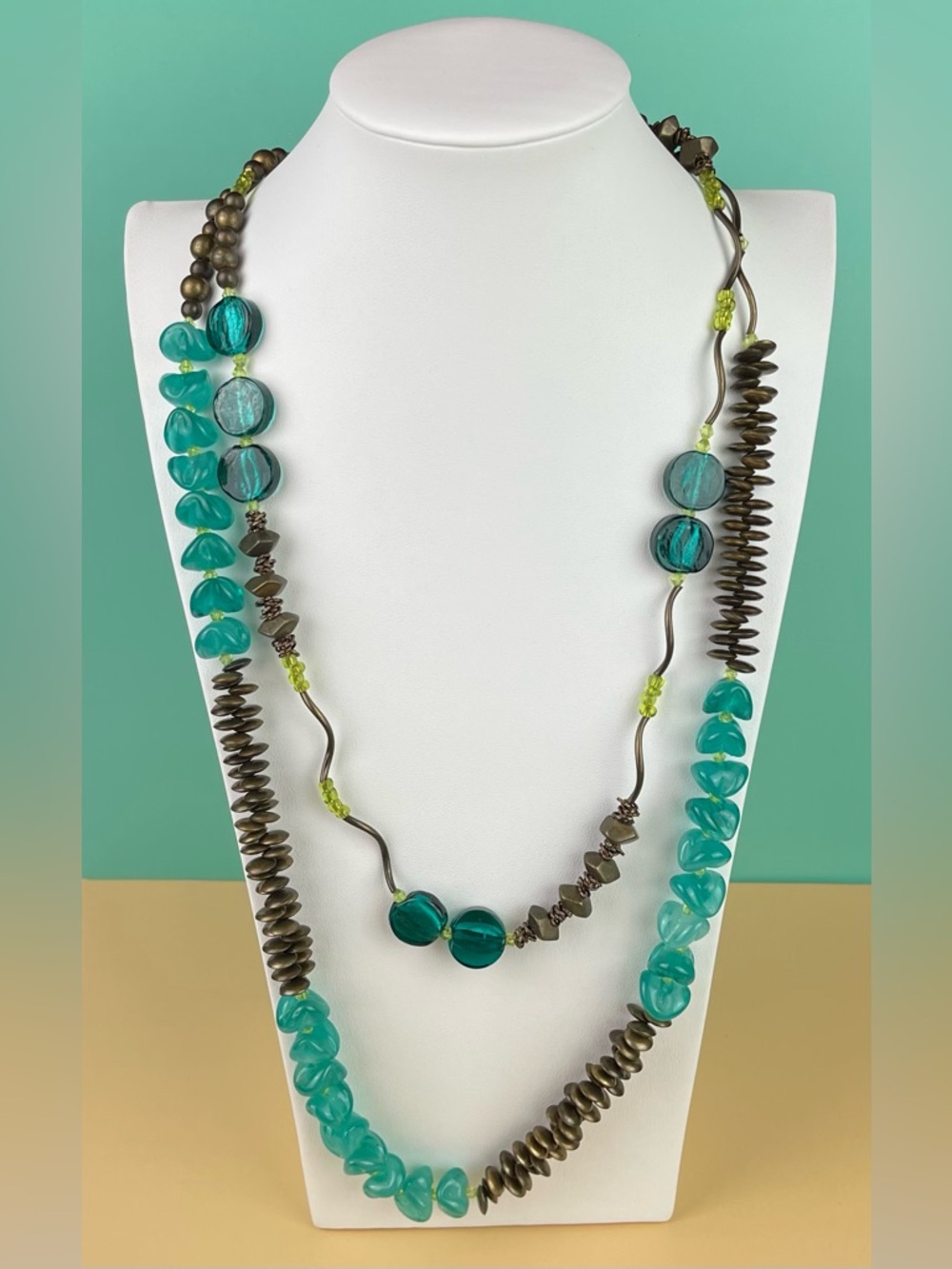 Chico’s Orlenda Double Layer Beaded Long Necklace - Teal & Bronze